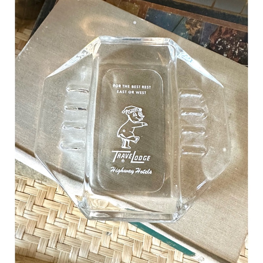 Travelodge Hotel Clear Glass Ashtray Souvenir "For the Best Rest East or West"